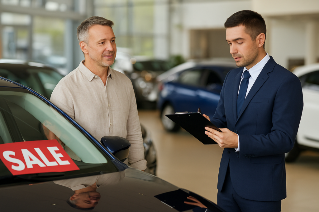 A man in casual attire speaks with a suited car salesman holding a clipboard inside a car dealership, with a red "SALE" sign displayed on a nearby car.