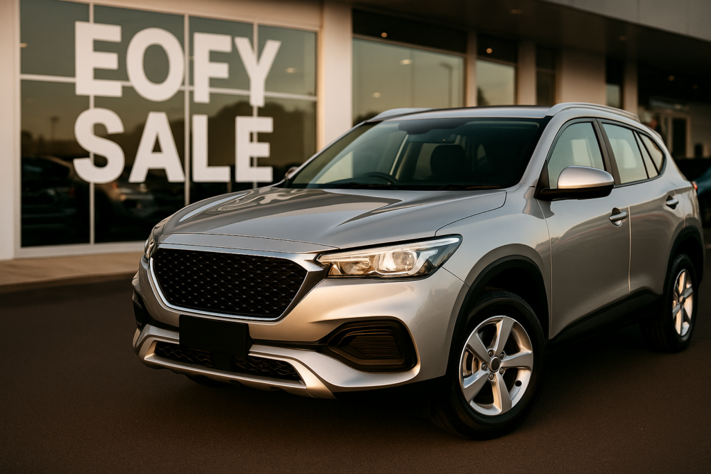 A silver SUV parked in front of a car dealership during sunset, with large EOFY SALE signage visible on the building’s windows in the background.
