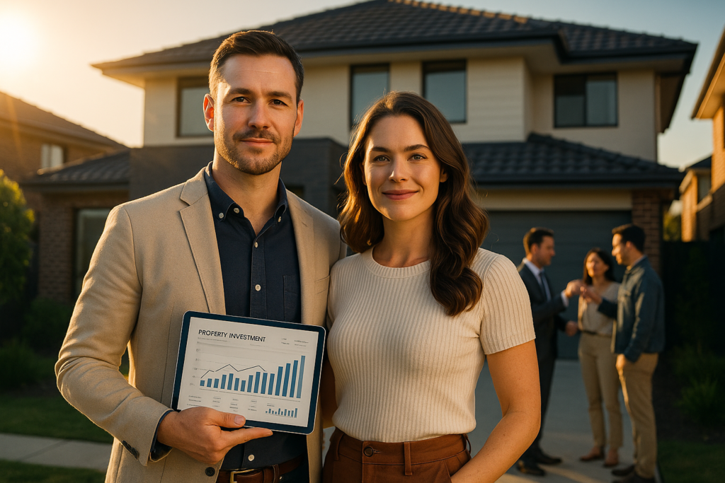 Confident Australian homeowners standing in front of their property, holding a tablet showing a property investment growth chart — representing how to use equity to build wealth in Australia in 2025