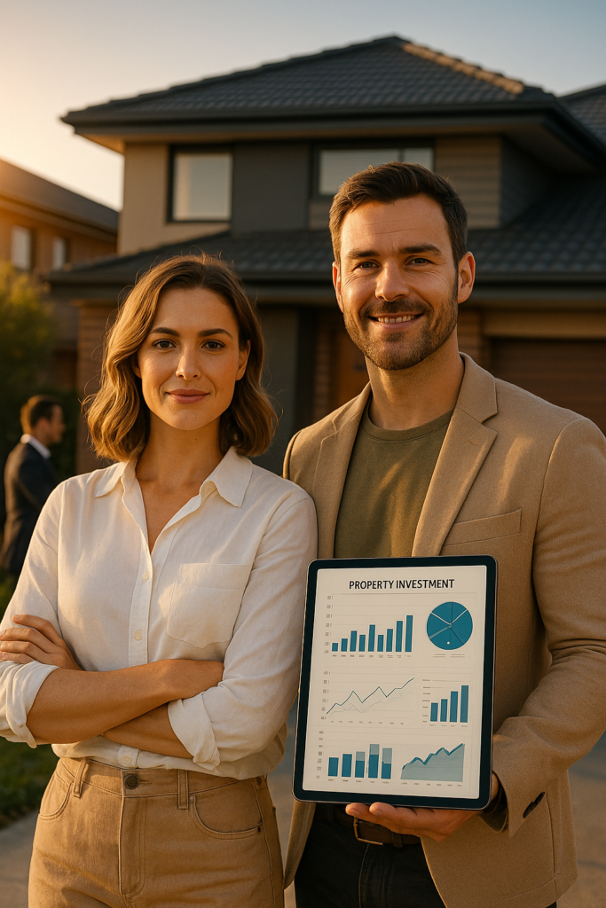 Confident Australian homeowners standing in front of their property, holding a tablet showing a property investment growth chart representing how to use equity to build wealth in Australia in 2025.