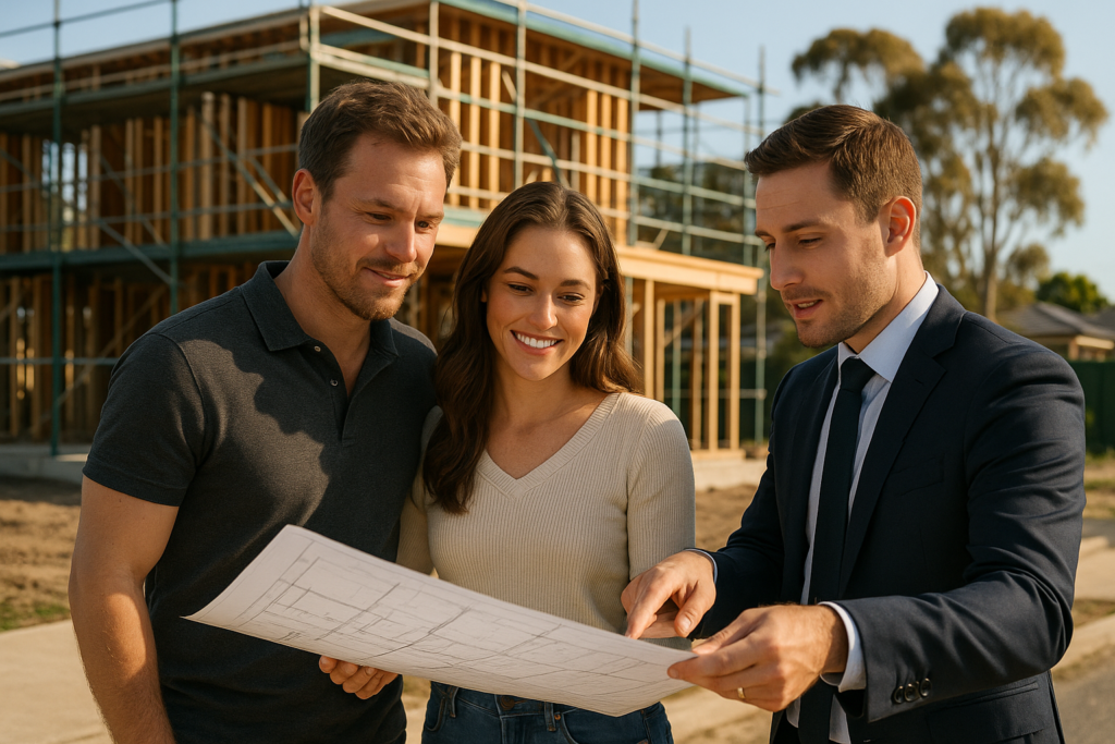 A young Australian couple reviewing construction plans with a mortgage broker at a new home building site illustrating who can qualify for a construction loan in 2025