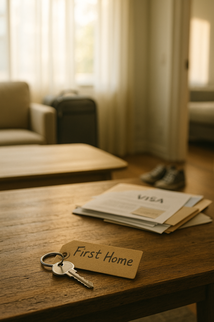 House key with a “First Home” tag placed on a wooden table beside visa documents, symbolising a migrant family’s first home loan approval in Australia.