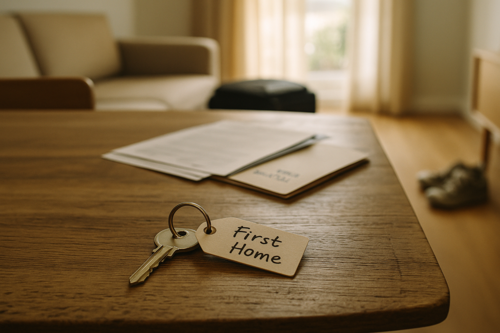 House key with a “First Home” tag placed on a wooden table beside visa documents, symbolising a migrant family’s first home loan approval in Australia.
