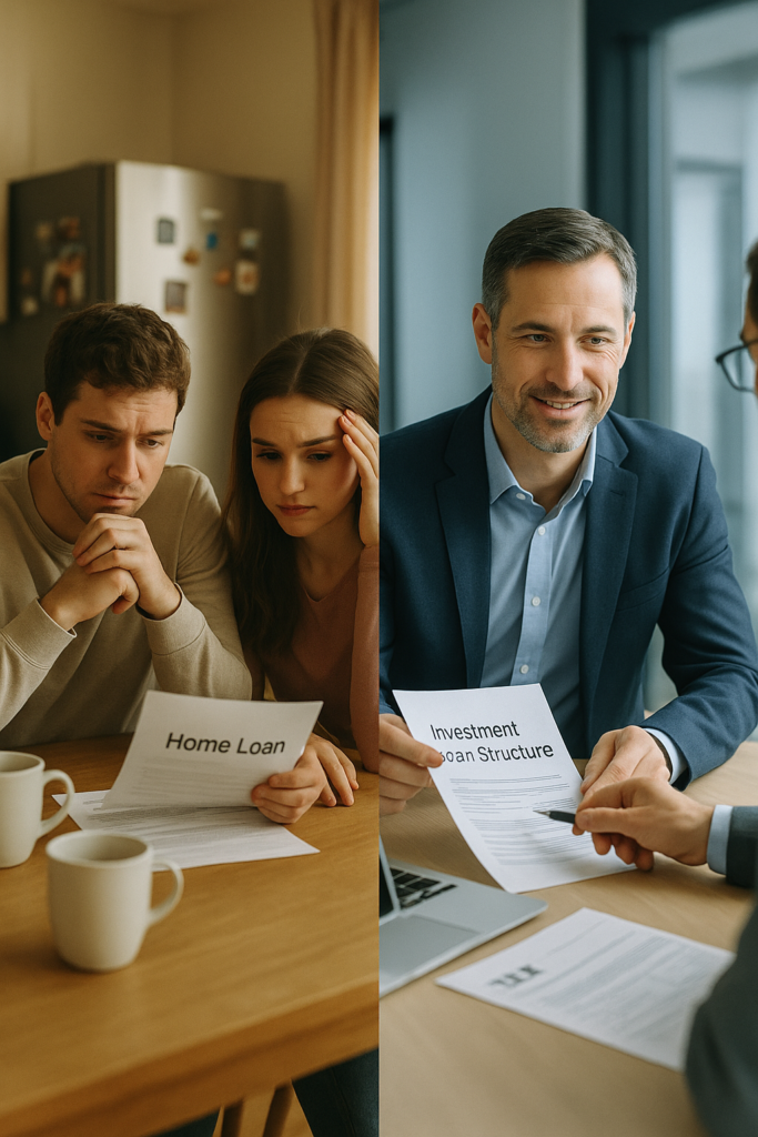 Homeowners confused about loan costs meeting with broker discussing investment loan structure and tax deductibility of mortgage broker fees in Australia.