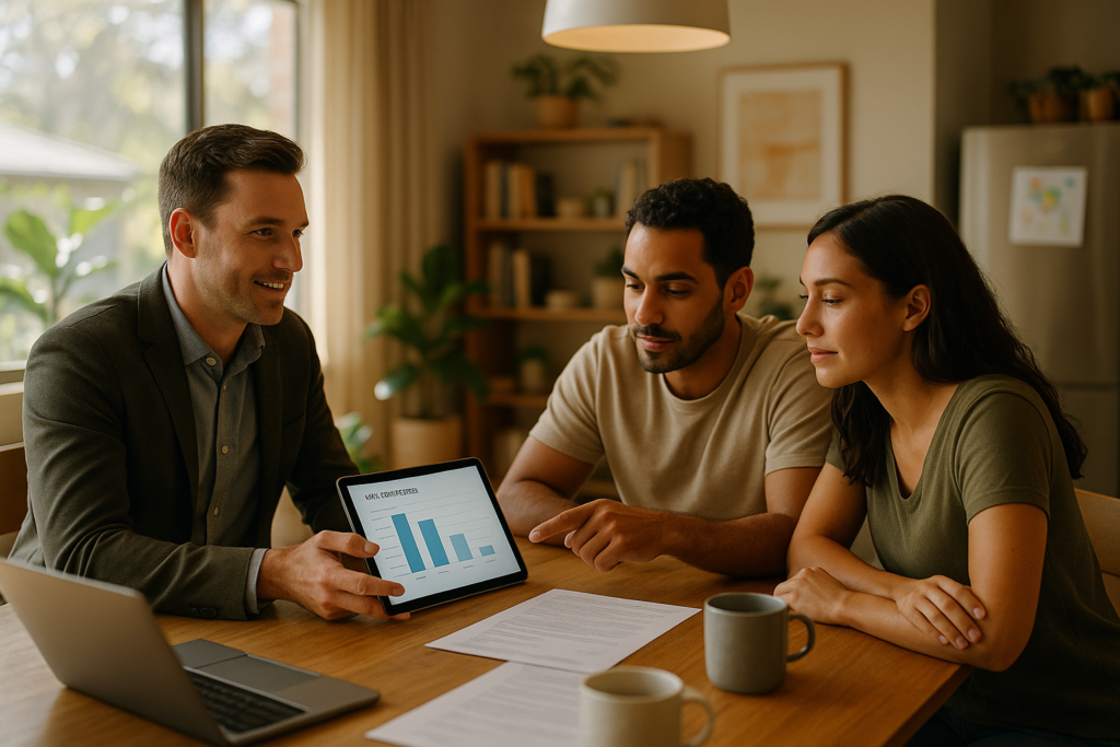 Mortgage broker in Australia explaining home loan options to young couple during consultation, showing loan comparison chart on tablet for tailored loan structuring and home loan advice.