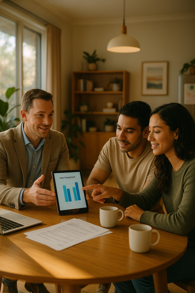 Mortgage broker in Australia explaining home loan options to young couple during consultation, showing loan comparison chart on tablet for tailored loan structuring and home loan advice.