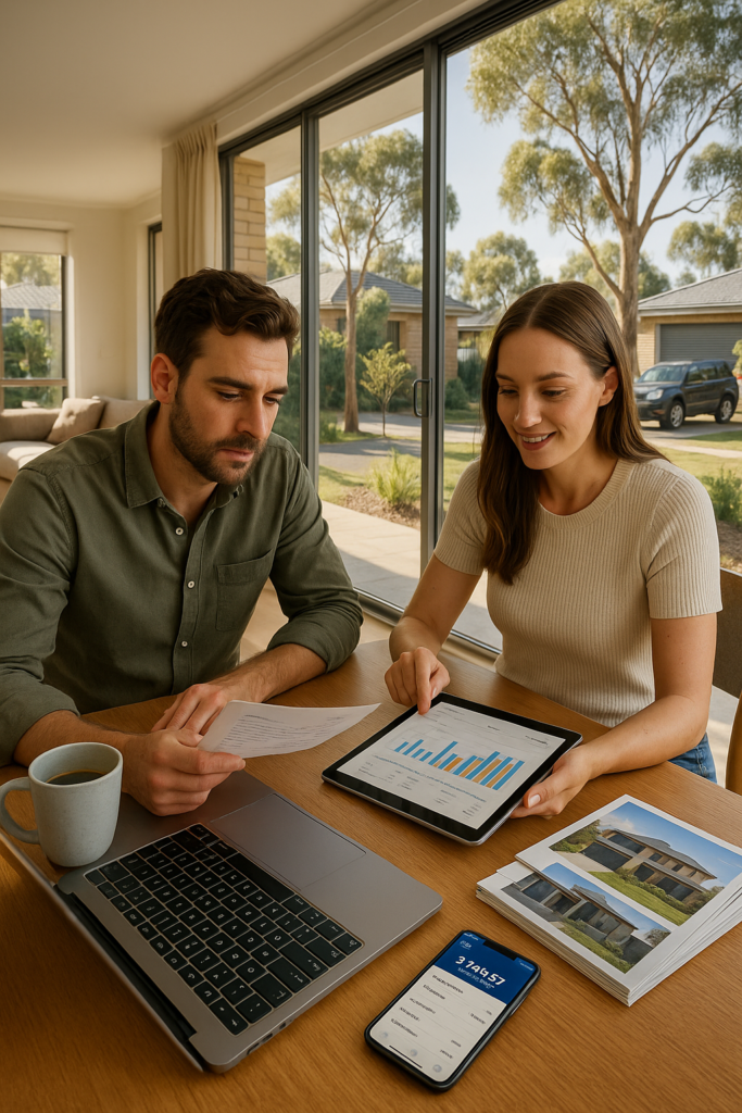Young Australian couple reviewing home loan strategies at a table with laptop, tablet showing loan charts, and smartphone displaying mortgage details planning refinancing and offset account options in 2025.