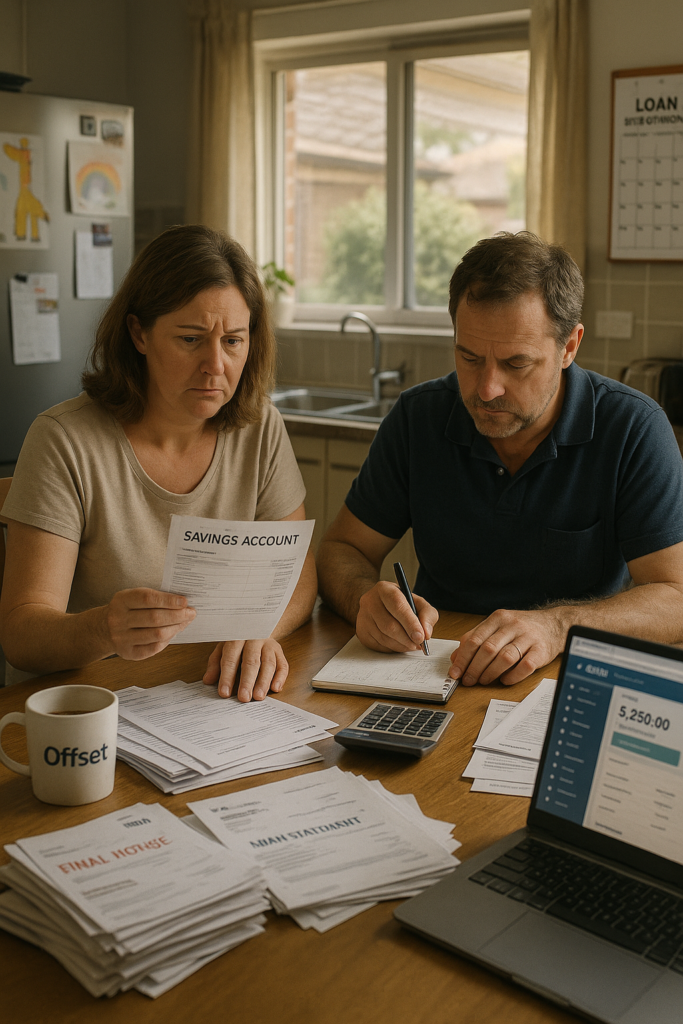 Australian couple reviewing savings account and loan repayment documents at home, highlighting the financial trap of paying more interest on loans than earning from savings offset account and smart money tips Australia.