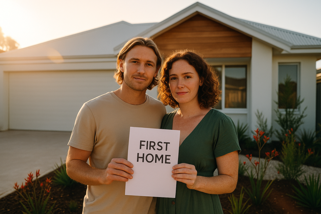 A young couple celebrates buying their first home in Australia, holding a “First Home” sign in front of their property. This image highlights the impact of 2025 government housing schemes — including the First Home Guarantee, Help to Buy Scheme, and affordable housing initiatives designed to support first home buyers and migrant home buyer loans.