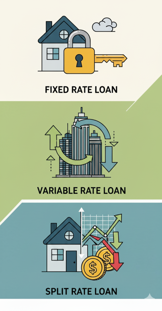 Illustration comparing fixed, variable, and split rate home loans in Australia 2025 fixed rate loans with locked repayments, variable rate loans with fluctuating market rates, and split loans combining both options.