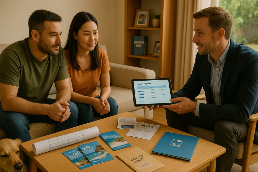 Australian couple consulting with a finance broker in a sunlit living room, reviewing a loan comparison dashboard with documents for renovations, travel, education, and debt consolidation on the table.
