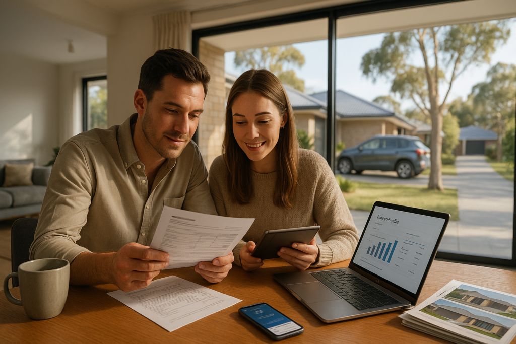 Australian couple discussing mortgage strategies at home, reviewing charts on a tablet, loan documents, and refinancing options to build wealth in 2025.