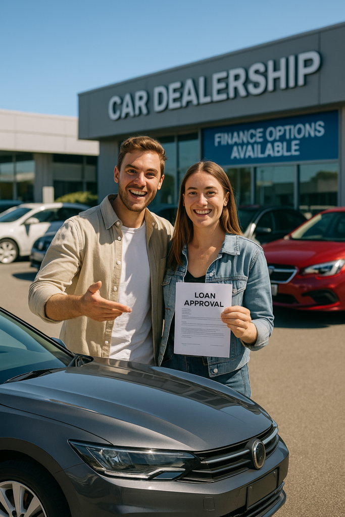 Happy first-time car buyers in Australia holding loan approval papers at dealership showcasing car finance success for new and used cars.