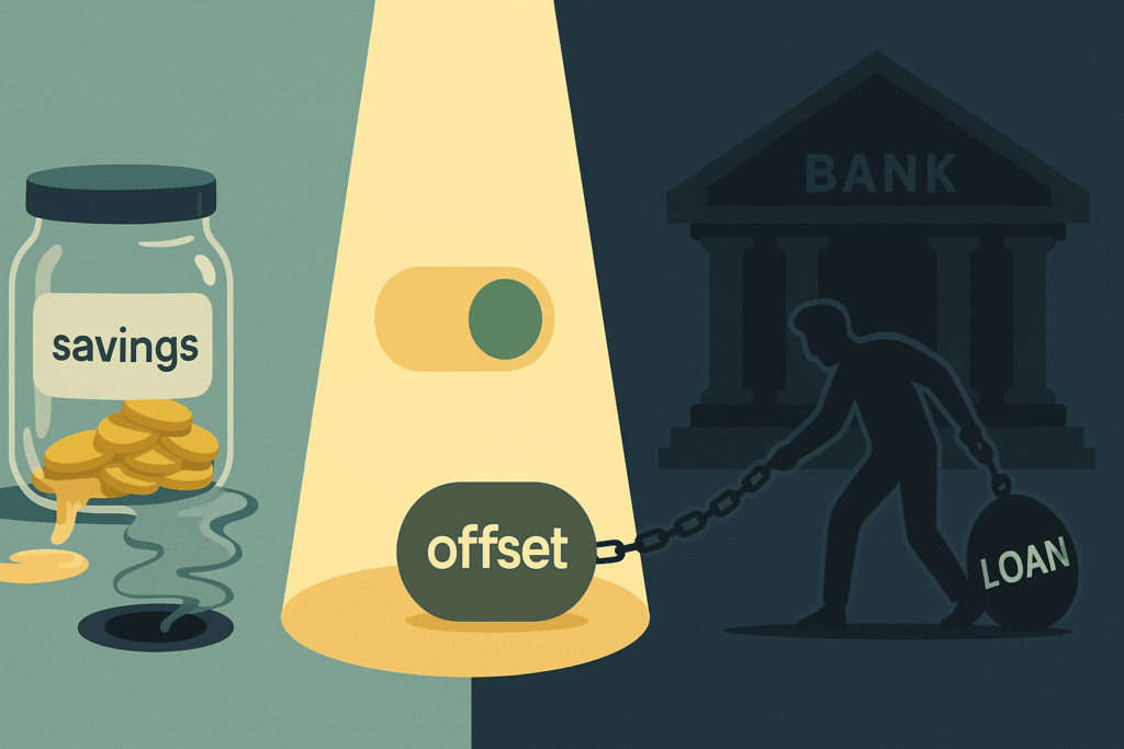 Illustration showing savings account money draining away while offset account reduces loan burden, highlighting how Australians can cut home loan interest and avoid paying banks more than they save.