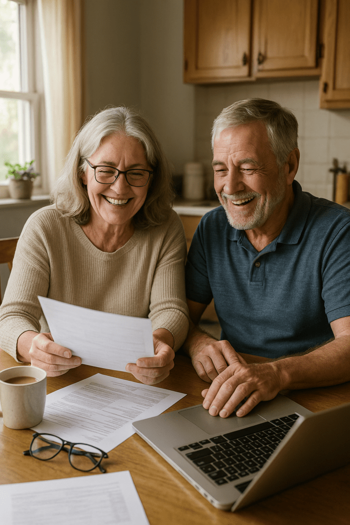 Happy retired couple using a laptop to review mortgage papers and finances at home symbolizing pensioners successfully applying for a home loan on Centrelink income.