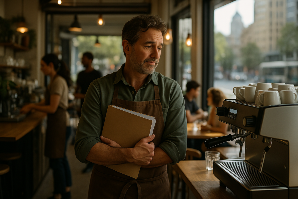 A Melbourne café owner standing thoughtfully beside a coffee machine, holding business documents and considering equipment finance options to upgrade his café without draining cash flow.