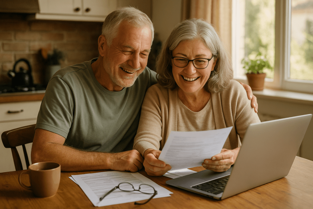 Smiling senior couple reviewing home loan documents together at their kitchen table with a laptop representing Australian pensioners exploring Centrelink home loan options with expert guidance.