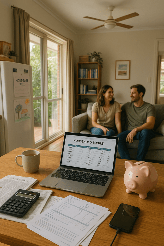 Australian couple celebrating mortgage freedom while reviewing their household budget at home, with laptop, piggy bank, and financial papers symbolising lower mortgage stress and stronger savings in 2025.