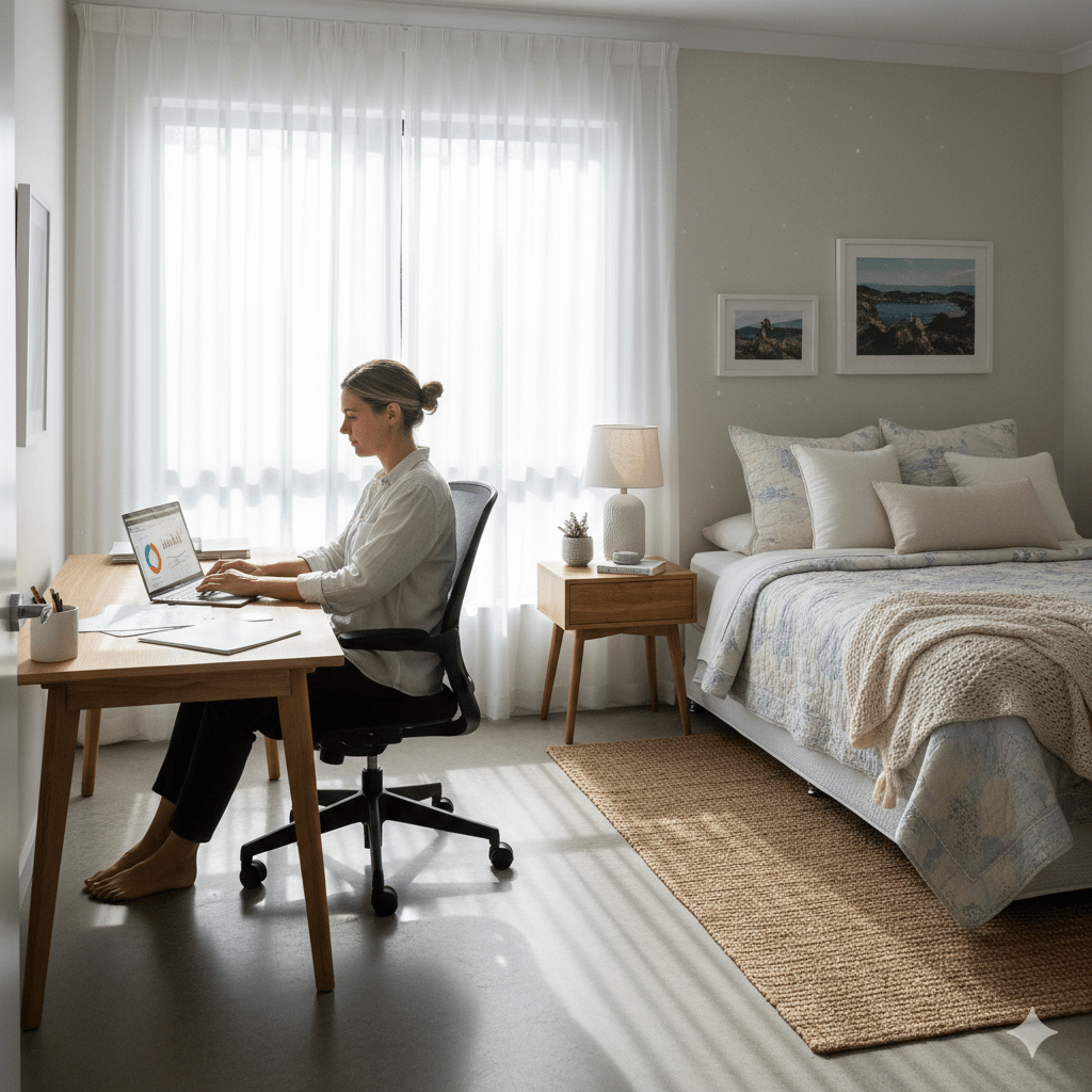 Professional woman working remotely from a home office corner in her bedroom, illustrating the potential CGT implications of using part of a main residence to generate income through business use or rental. Ideal visual for blog about Australian CGT and home-based income