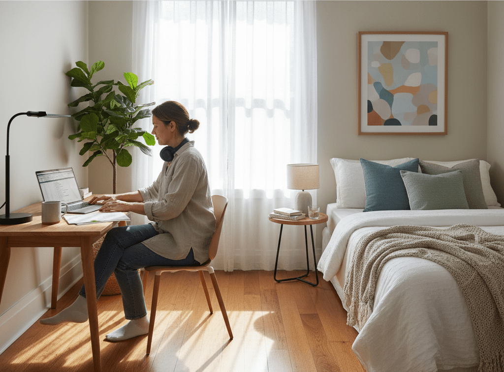An Australian homeowner working on a laptop in a bright, minimalist bedroom home office setup, symbolizing how using a spare room for business can impact Capital Gains Tax (CGT) exemptions on a main residence. Concept for blog on CGT rules when running a business from home or renting out a room.