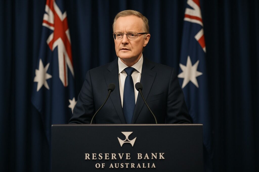 A professional Reserve Bank of Australia (RBA) spokesperson delivers an official announcement at a Canberra press conference in November 2025, following the RBA rate pause decision at 4.35%. The image shows a serious financial briefing scene with the RBA emblem and Australian flags in the background ideal for blogs about the 2025 RBA rate pause, home loan refinancing, and saving on Australian mortgages.