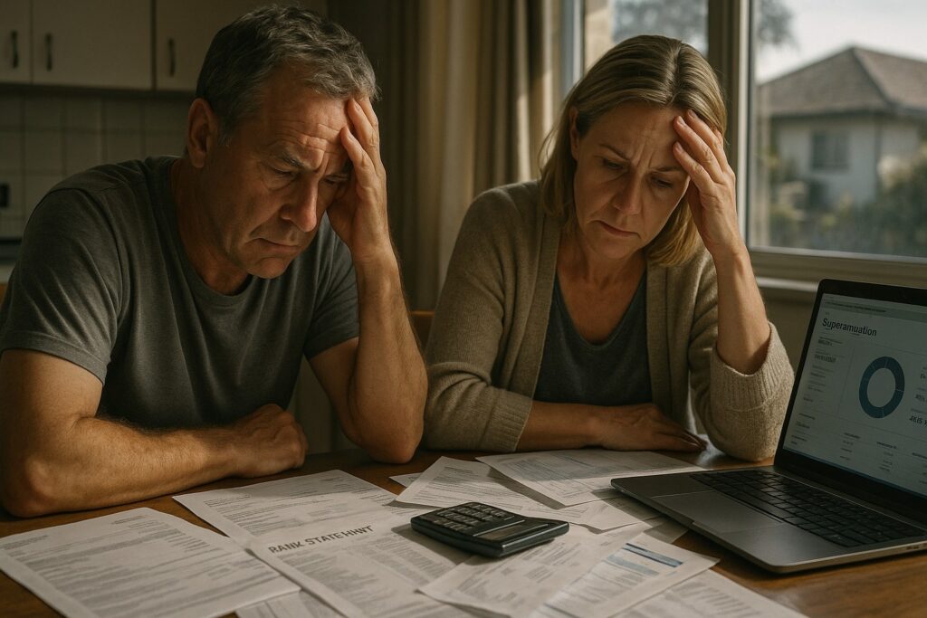 A worried middle-aged Australian couple sitting at their kitchen table reviewing superannuation statements, bank documents, and bills. Natural daylight highlights their stressed expressions as they analyse their retirement finances on a laptop showing a superannuation dashboard